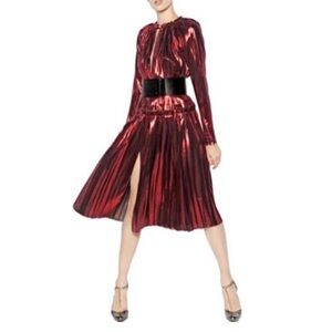 LANVIN Red Lame Pleated Midi Dress Etè 2014 - 46 FR / 12-14 US